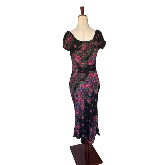 Vintage Rare Y2K Betsey Johnson Black Label Milkmaid Black Floral Roses Dress S